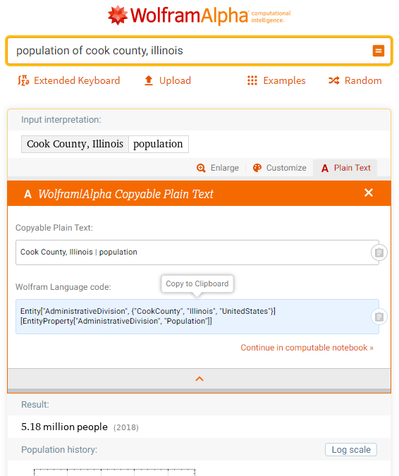 Output of a Wolfram Alpha command. Copyable Wolfram Language code interpretation of the input is included.