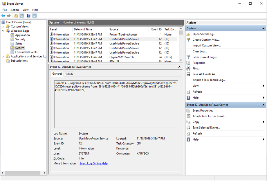 Screenshot of the offensive event inside Event Viewer.  Source was UserModePowerService with an Event ID of 12 which indicates a change in power policy scheme.